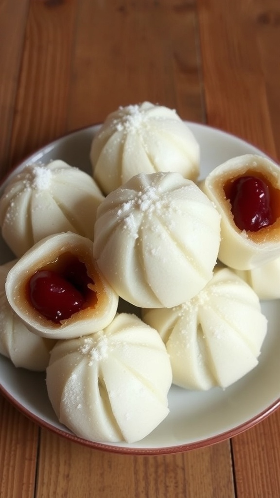 A plate of ximilu dessert balls filled with red bean paste, dusted with cornstarch.